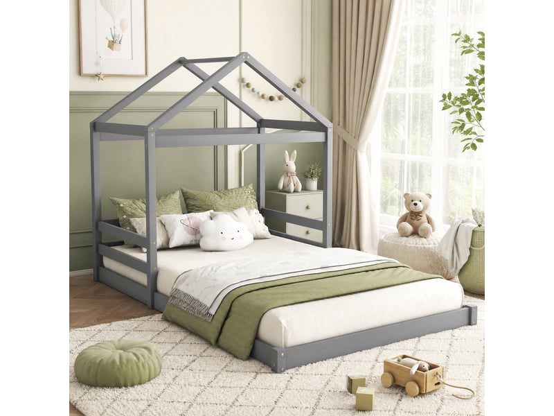  Lit cabane 140x200 cm pour enfant avec sommier à lattes, pin et mdf, gris  - Conforama B