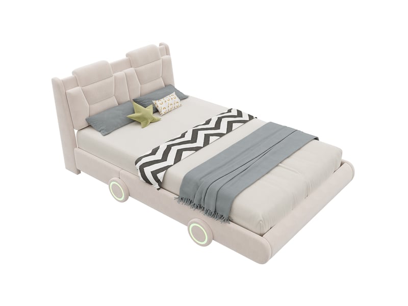 Lit enfant voiture rembourré 140x200 cm en flanelle beige avec led - Conforama A