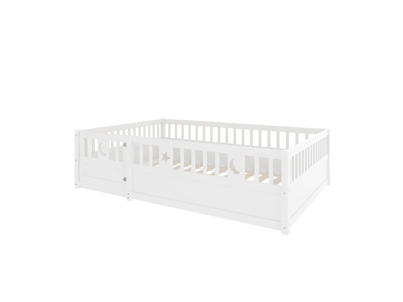  Lit enfant 140x190 cm avec barrière de sécurité blanc pin massif motif étoiles et lune sans matelas Sol Morn - Conforama A
