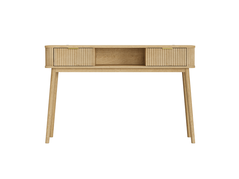 Table basse - console de style vintage des années 50, chêne, avec tiroirs et compartiment de rangement ouvert - Conforama A