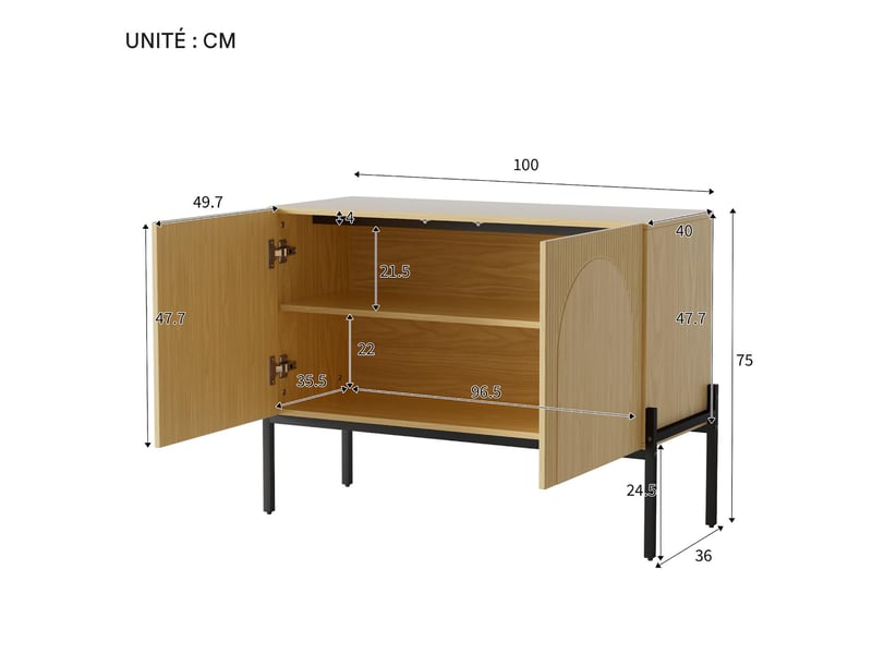  Buffet 2 portes pieds en métal coloris naturel 100 x 40 x 75 cm  - Conforama C