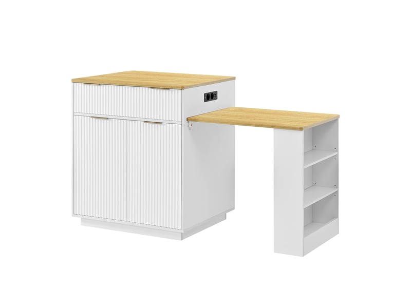 Îlot de cuisine mobile blanc, table extensible, led, prises, tiroirs, étagères - Conforama A