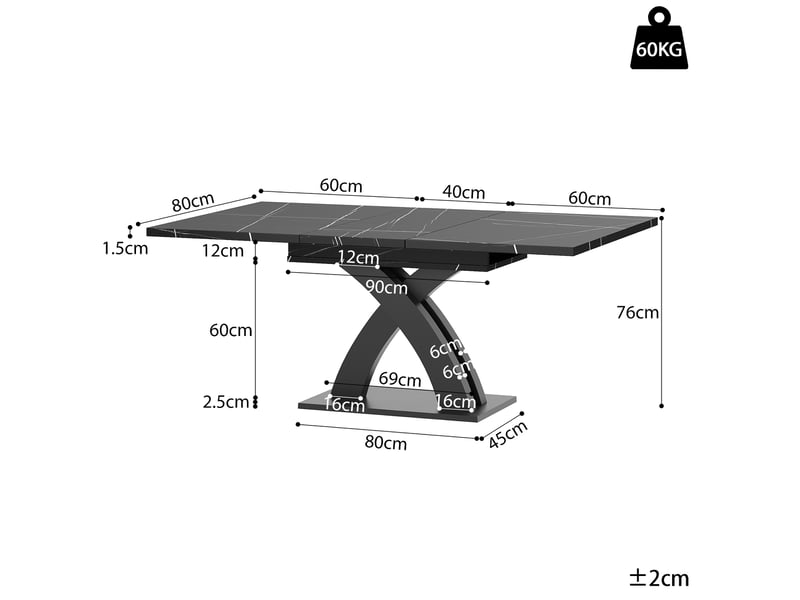  Table à manger rectangulaire extensible 120-160 x 80 cm, plateau mdf noir à motifs, piètement en x, rallonge intégrée, jusqu’à 6 places  - Conforama E
