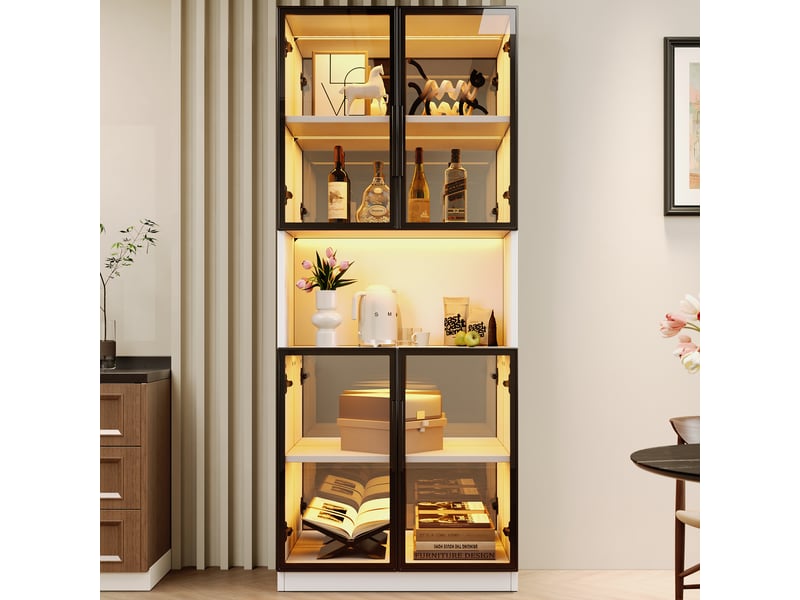  Vitrine 70x30x170 cm avec led, glasvitrine avec portes en verre esg gris et fond miroir, meuble d’exposition mdf pour salon cuisine salle à manger  - Conforama B