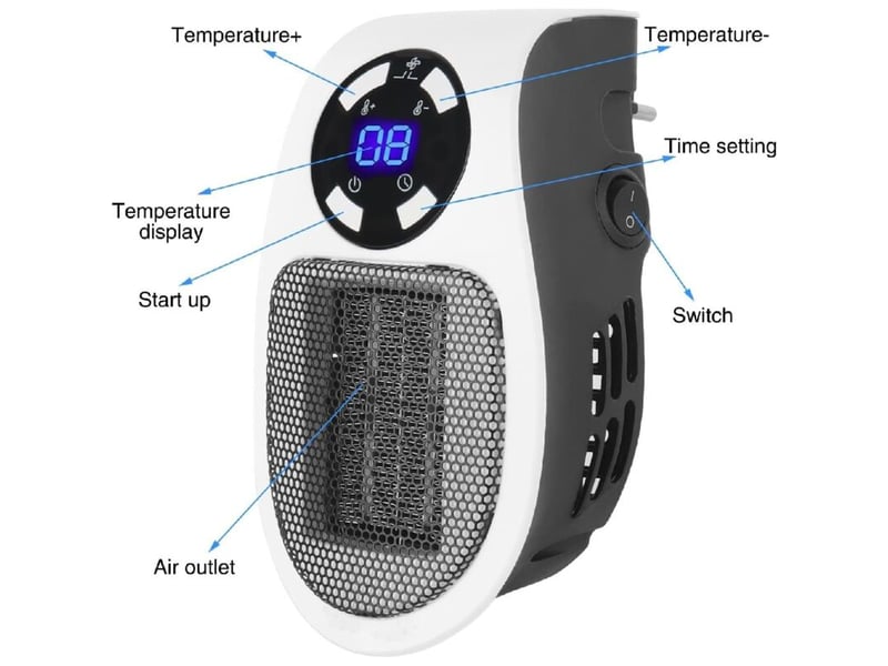  Chauffage prise 500w mural avec télécommande, 2 vitesses, thermostat et minuterie, multicolore PB376158 - Conforama D