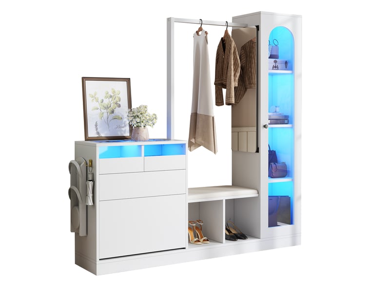  Combinaison d'entrée 6 en 1, ensemble armoire, coiffeuse avec tringle à vêtements, banc à chaussures et armoire à chaussures pliante, vitrine en GL06123W - Conforama D
