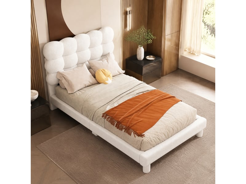  Lit simple rembourré 90x200 cm en peluche et mdf avec tête de lit réglable sur 3 positions, blanc, sans matelas  - Conforama C
