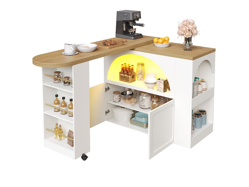 Buffet de cuisine, mobile table de bar extensible 135-205×39×100cm avec led, porte bombée,blanc  - Conforama D