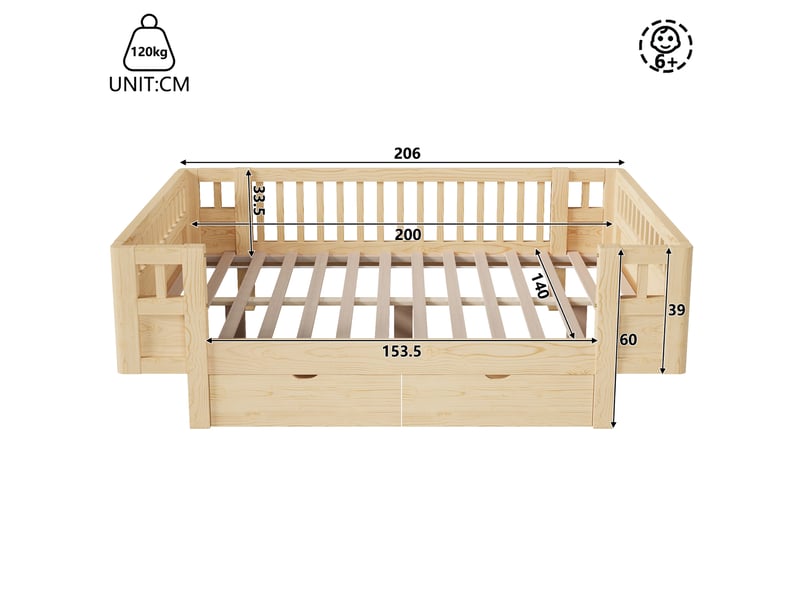  Lit plateforme modenvie 140 x 200 cm avec barrières de protection et 2 tiroirs, bois  - Conforama C