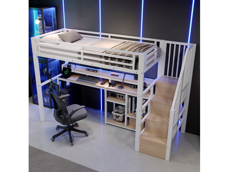  Lit mezzanine 90x200 cm blanc et noir en métal et mdf, rangements, usb, usb-c et led, sans matelas  - Conforama E