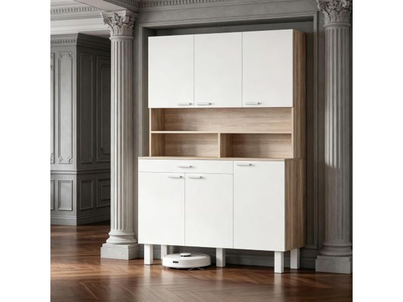  Buffet haut de cuisine blanc bois naturel - 6 portes, tiroir et rangements ouverts, 120x40x175 cm  - Conforama B