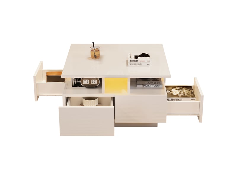  Table basse carrée 70x70 cm blanche haute brillance avec éclairage led et 4 tiroirs  - Conforama A