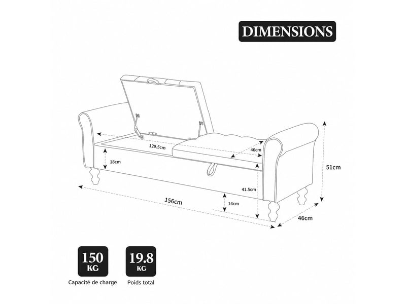  Banquette convertible en velours anthracite 156 x 46 x 51 cm, 2 couvercles rangement,avec accoudoirs roulés  - Conforama C