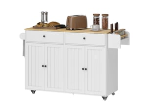 Îlot de cuisine mobile, 2 tiroirs, 2 placards, étagère à épices, porte-serviettes, porte-couteaux, mdf, blanc