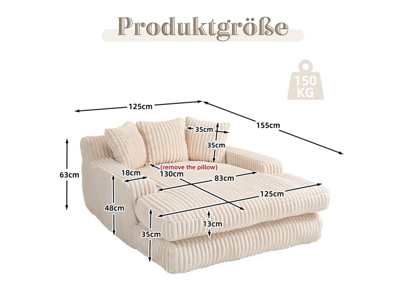  Canapé de sol modenvie en velours côtelé beige 125 x 155 x 63 cm avec 3 coussins  - Conforama C