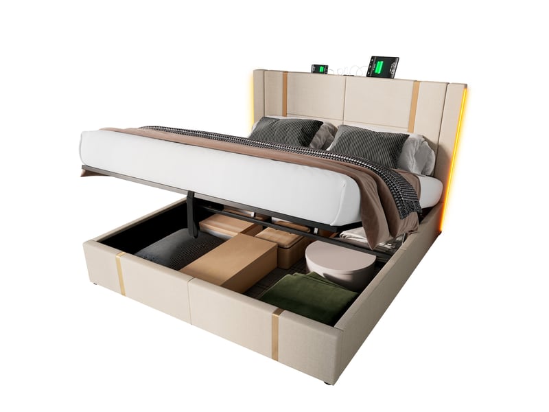  Lit double coffre 140 x 200 cm beige en lin avec matelas, led rgb, usb et type-c  - Conforama A