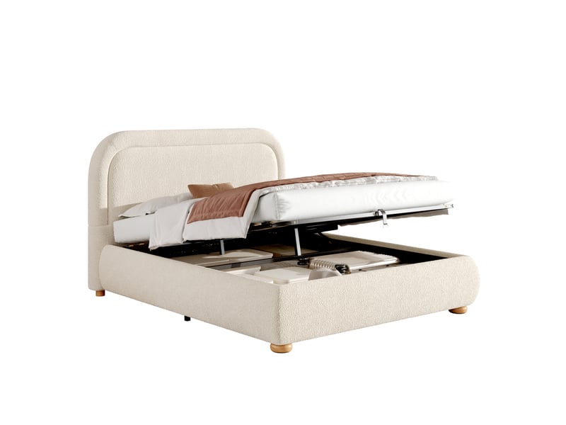 Lit coffre 140x190 cm bouclé beige avec tête de lit rembourrée et sommier à lattes - Conforama A