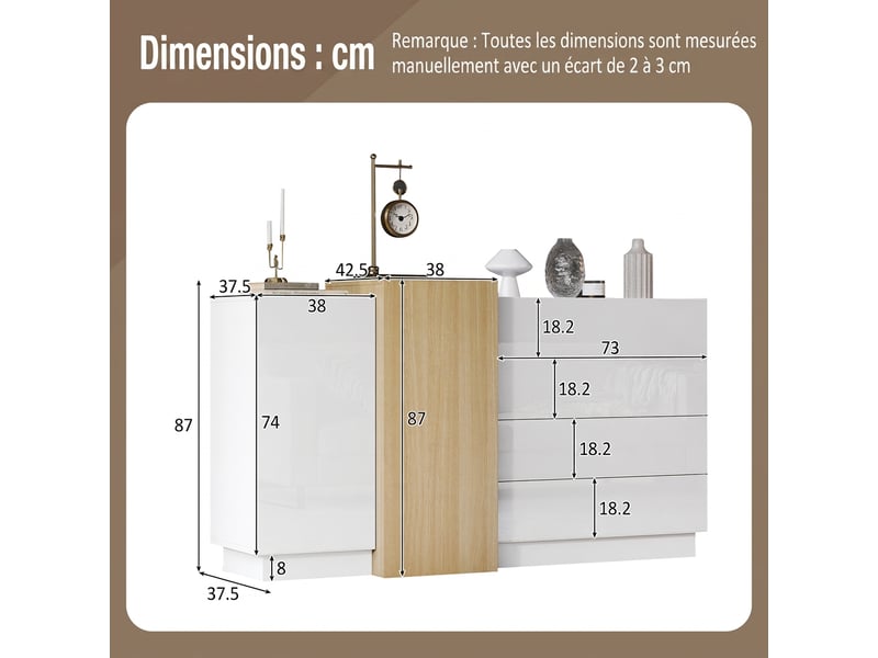 Buffet blanc laqué brillant avec 4 tiroirs et 2 portes, meuble de rangement moderne, longueur 140 cm - Conforama R