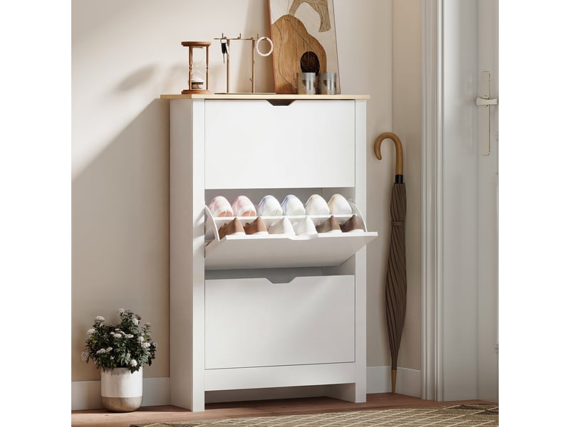  Armoire à chaussures 3 portes abattantes 2 compartiments blanc chêne panneaux particules  - Conforama D