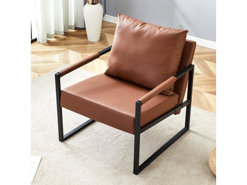  Fauteuil de lecture avec accoudoirs, coussins rembourrés et structure métallique, en pu marron, 79×65×28 cm  - Conforama B