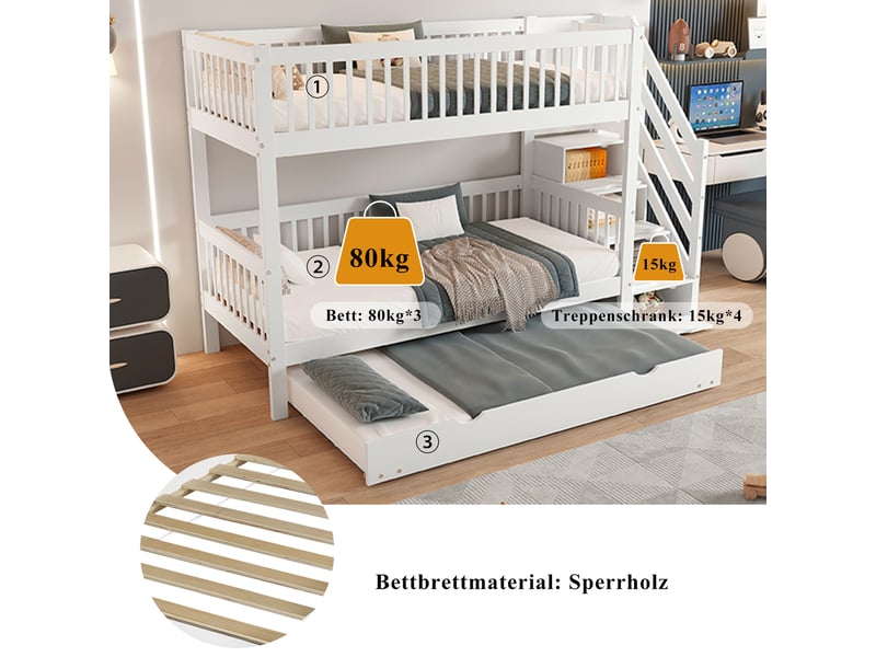 Lit superposé 3 places 90×200 cm et 90×190 cm, barrière et rangement - sans matelas, pin et mdf blanc - Conforama E