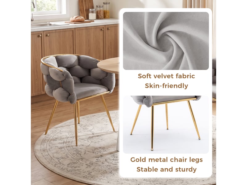  Fauteuil d'appoint avec accoudoirs, assise rembourrée et dossier mi-hauteur, structure en métal doré et velours gris  - Conforama E
