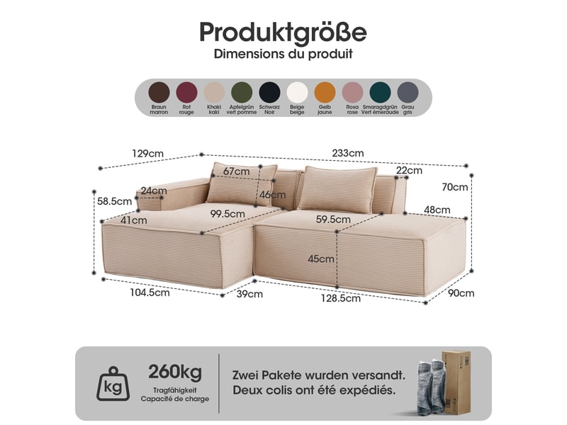 Canapé 3 places en tissu avec 2 coussins, assise ressorts ensachés et mousse haute densité, design épuré - Conforama C