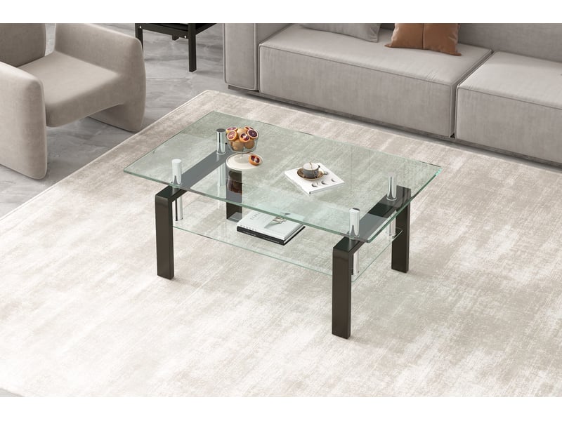 Table basse de salon en verre trempé transparent avec étagère en verre, 2 plateaux, 100 x 60 x 44 cm Fay Lum - Conforama E