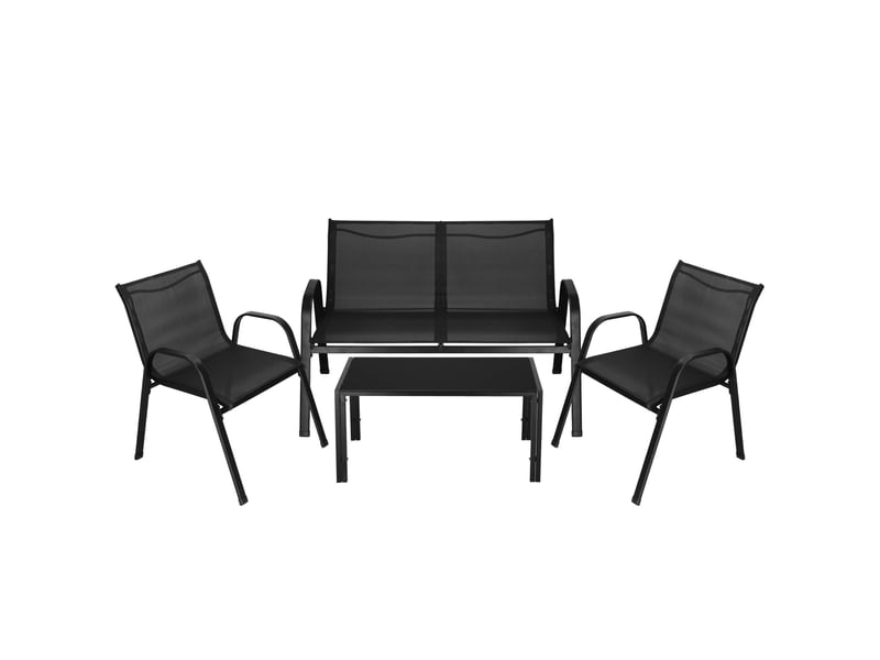 Salon de jardin noir – 2 fauteuils, canapé et table avec plateau en verre