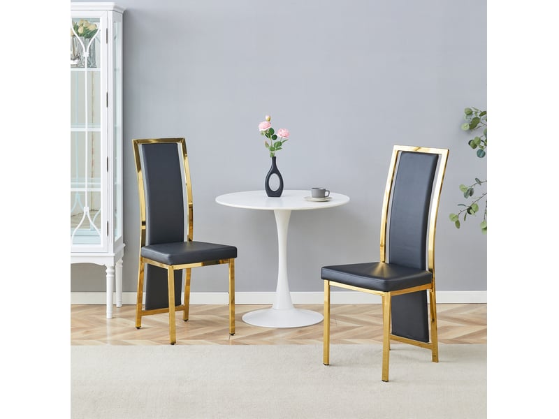  Lot de 2 chaises de salle à manger 109 cm, chaise cuisine, dossier incurvé, assise confort, moderne, métal doré, pu noir  - Conforama D