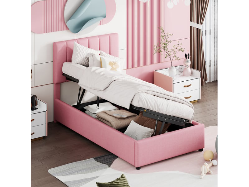 Lit enfant 90x200 cm avec coffre hydraulique, sommier à lattes, rose - Conforama B
