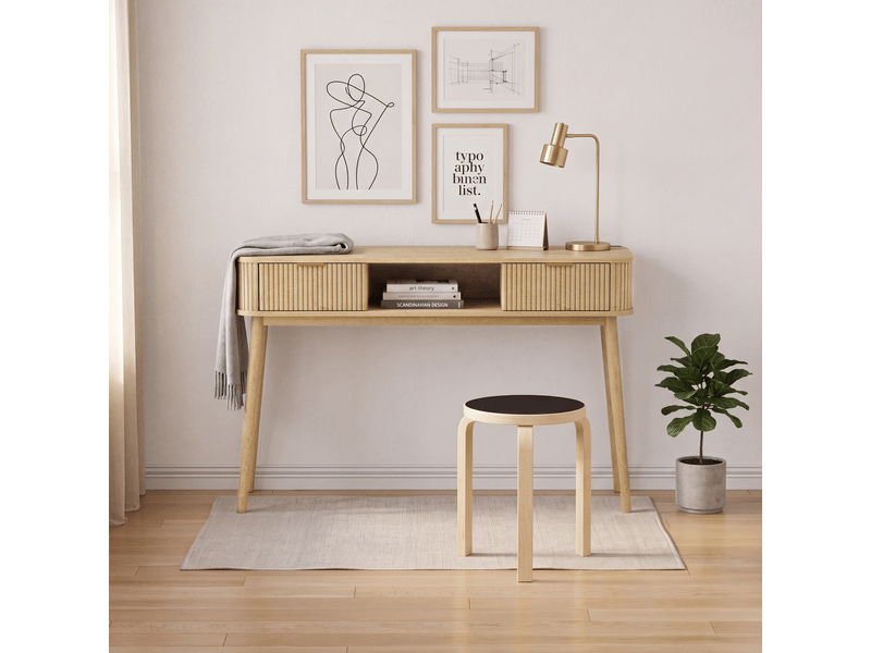  Console 120x35x77,6 cm avec 2 tiroirs en mdf chêne, style mid-century avec compartiment ouvert, meuble polyvalent pour salon  - Conforama B