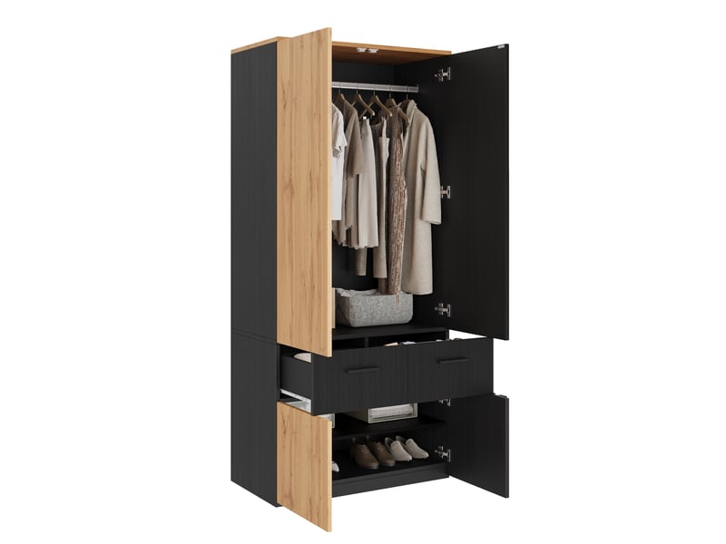  Armoire modenvie à portes battantes 90 x 50 x 200 cm avec penderie, 2 tiroirs et 2 compartiments noir et naturel  - Conforama A