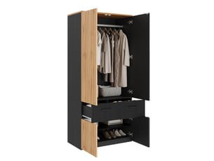 Armoire modenvie à portes battantes 90 x 50 x 200 cm avec penderie, 2 tiroirs et 2 compartiments noir et naturel