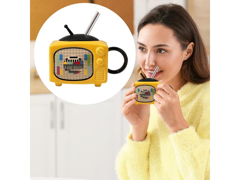 Mug en céramique avec couvercle et paille, télévision rétro, jaune, 450 ml - Conforama C