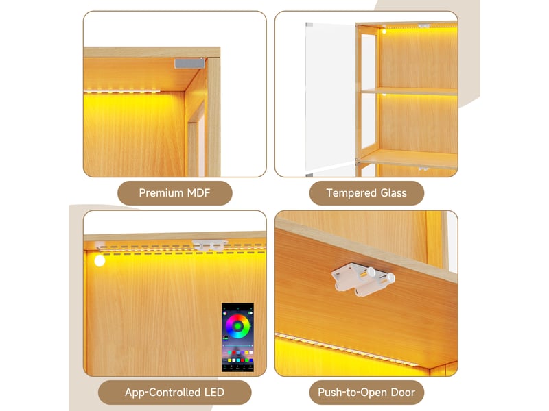Vitrine led pour figurines, 80 x 35 x 170 cm, 4 portes, mdf et verre, finition bois naturel - Conforama E