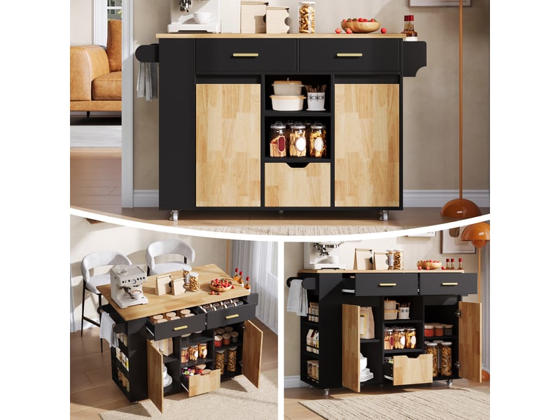 Desserte de cuisine 120x45(71)x90 cm plateau rabattable noir et naturel - Conforama E
