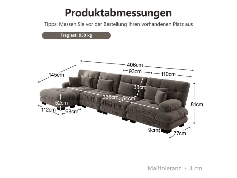 Canapé d'angle, canapé modulable – 4 places, marron, en chenille, style cloud, pouf amovible  - Conforama W