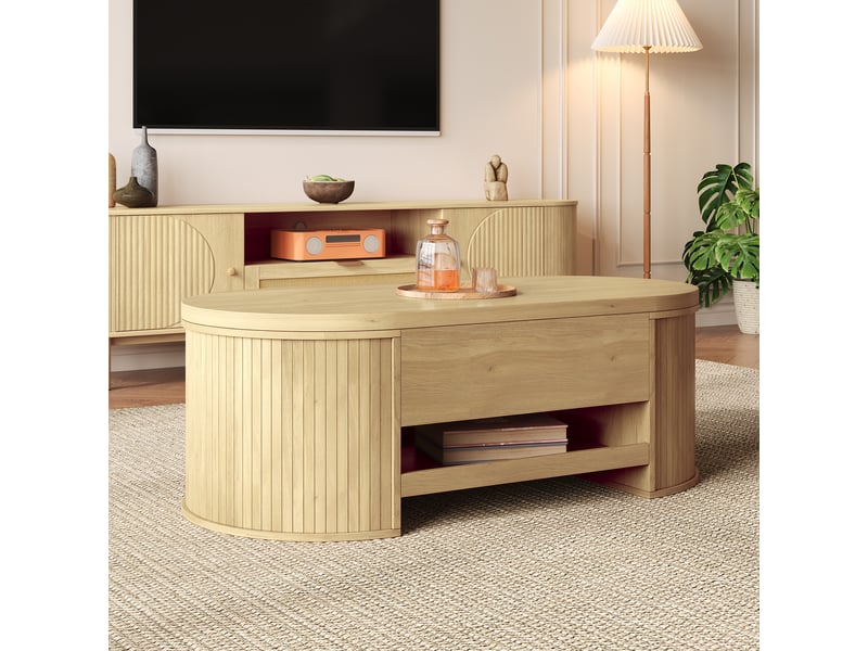Table basse relevable avec rangement 110x55,5x40 cm, coffre sous plateau, tablette inférieure coulissante, mdf effet bois naturel - Conforama D