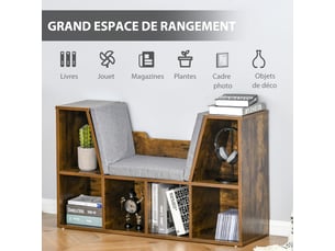 Bibliothèque banc 2 en 1 avec coussins de siège, étagère cube 6 compartiments ouverts, brun rustique, 102 x 30 x 61 cm