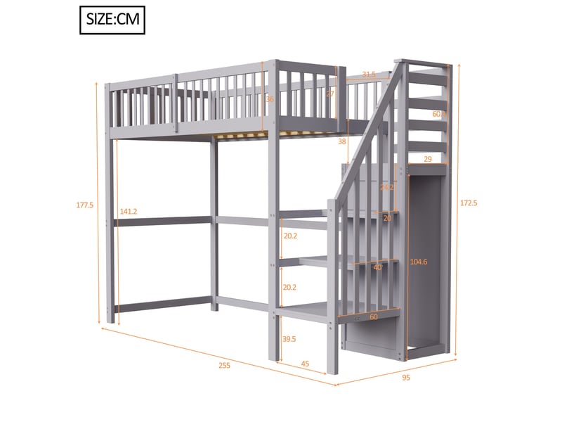 Lit mezzanine enfant 90 x 200 cm avec escalier rangement et armoire, bois, gris Fay Lum - Conforama C