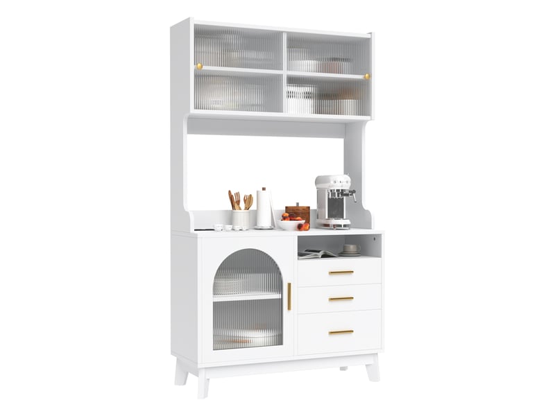  Buffet haut 100.5x40x178 cm - rangement multi-niveaux - prises et usb-ausb-c intégrés - façade acrylique ondulée - blanc  - Conforama A