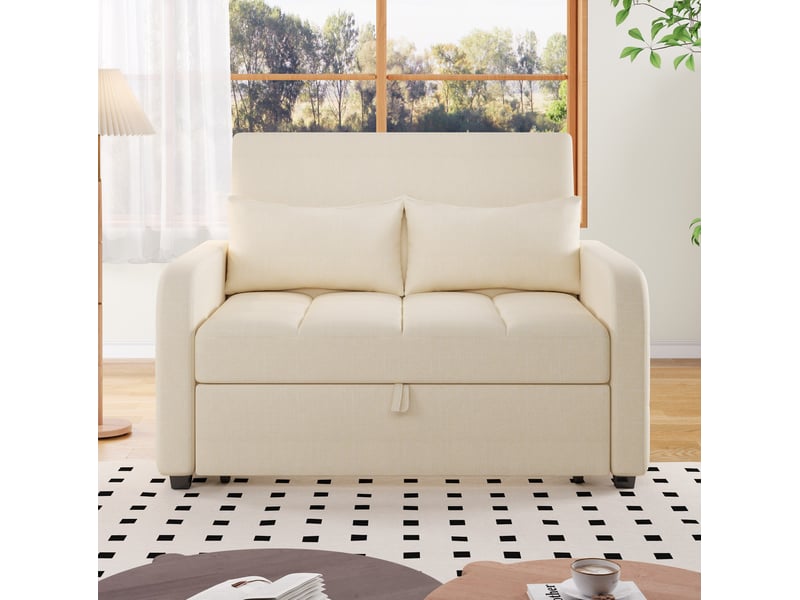  Canapé-lit convertible 2 places en tissu beige, dossier réglable 3 positions, avec 2 coussins pour petits espaces  - Conforama E