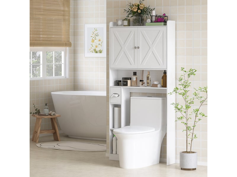 Meuble wc dessus de toilette avec placard à porte de grange, étagère réglable, compartiments et porte-papier, blanc - Conforama A