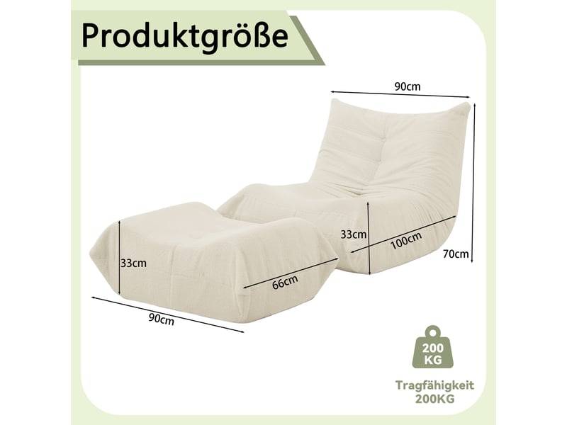 Canapé de sol 1 place, fauteuil relax avec pouf repose-pieds, 100x90x70 cm, canapé de sol sans montage, mousse haute résilience, tissu teddy beige - Conforama C