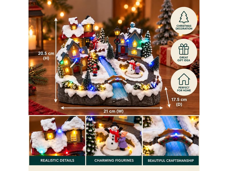  Village de noël miniature enneigé avec pont et rivière 21x17,5x20,5cm  - Conforama B