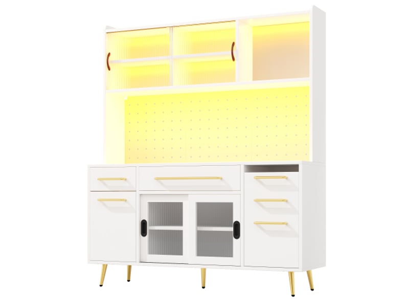 Buffet de cuisine avec led, 2 tiroirs et porte coulissante, blanc, 145x39x171 cm  - Conforama D