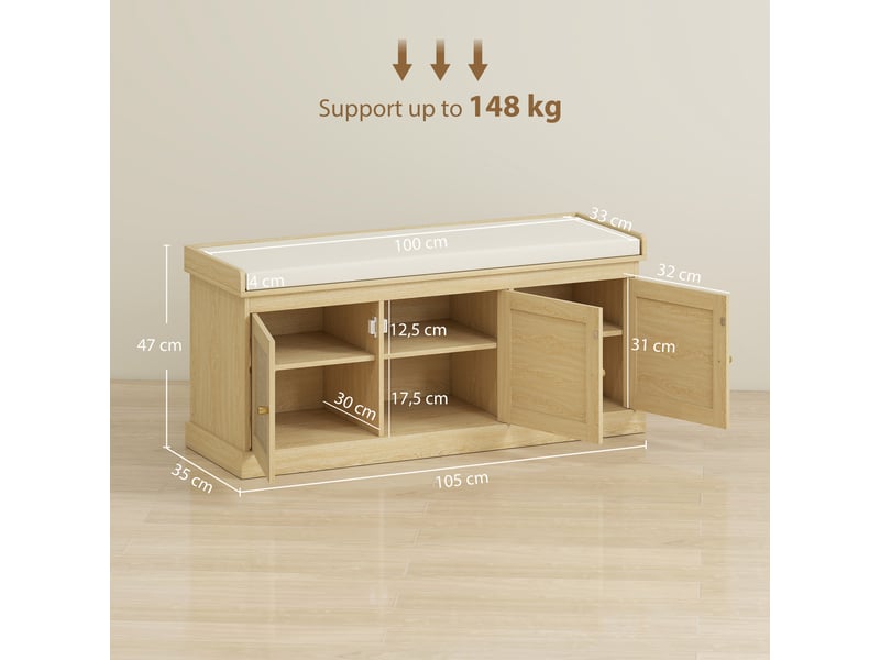  Banc à chaussures style bohème chic 3 portes façade rotin poignées métal doré coussin beige  - Conforama C