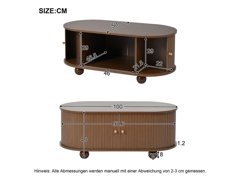  Table basse ovale noyer 100x50x40 cm, table de salon mdf avec portes coulissantes, grand rangement, design moderne  - Conforama C