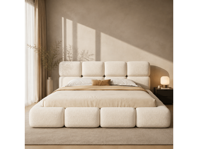  Lit double 200×200 cm avec rangement hydraulique, design bubble, bouclé blanc  - Conforama B